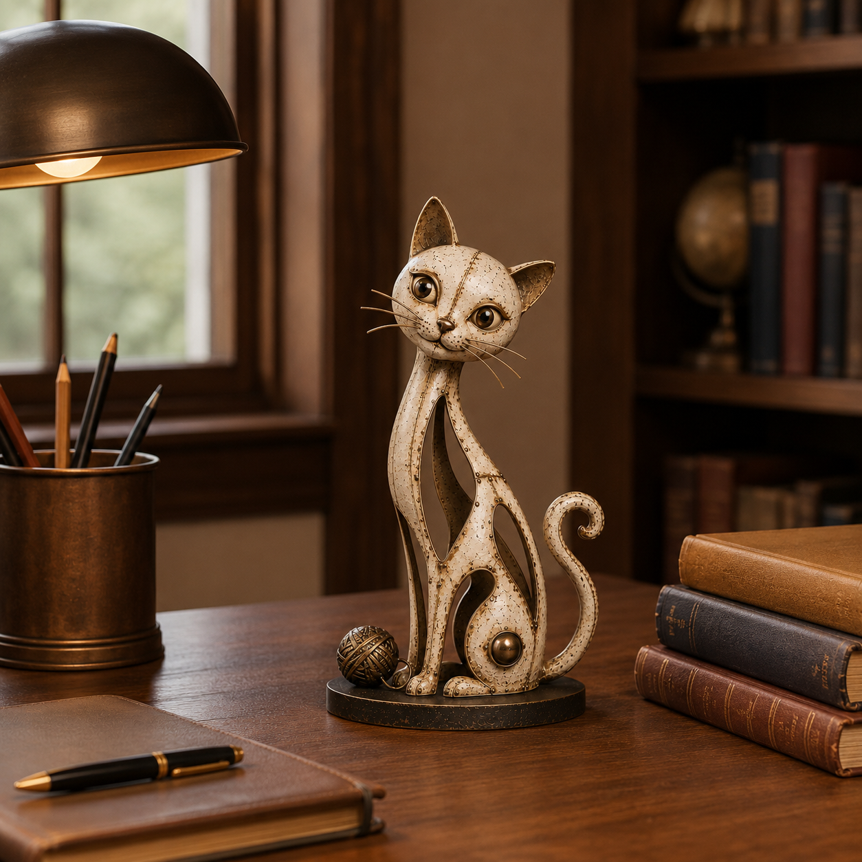 Vintage Hollow Metal Cat Figurine with Yarn Ball Accent