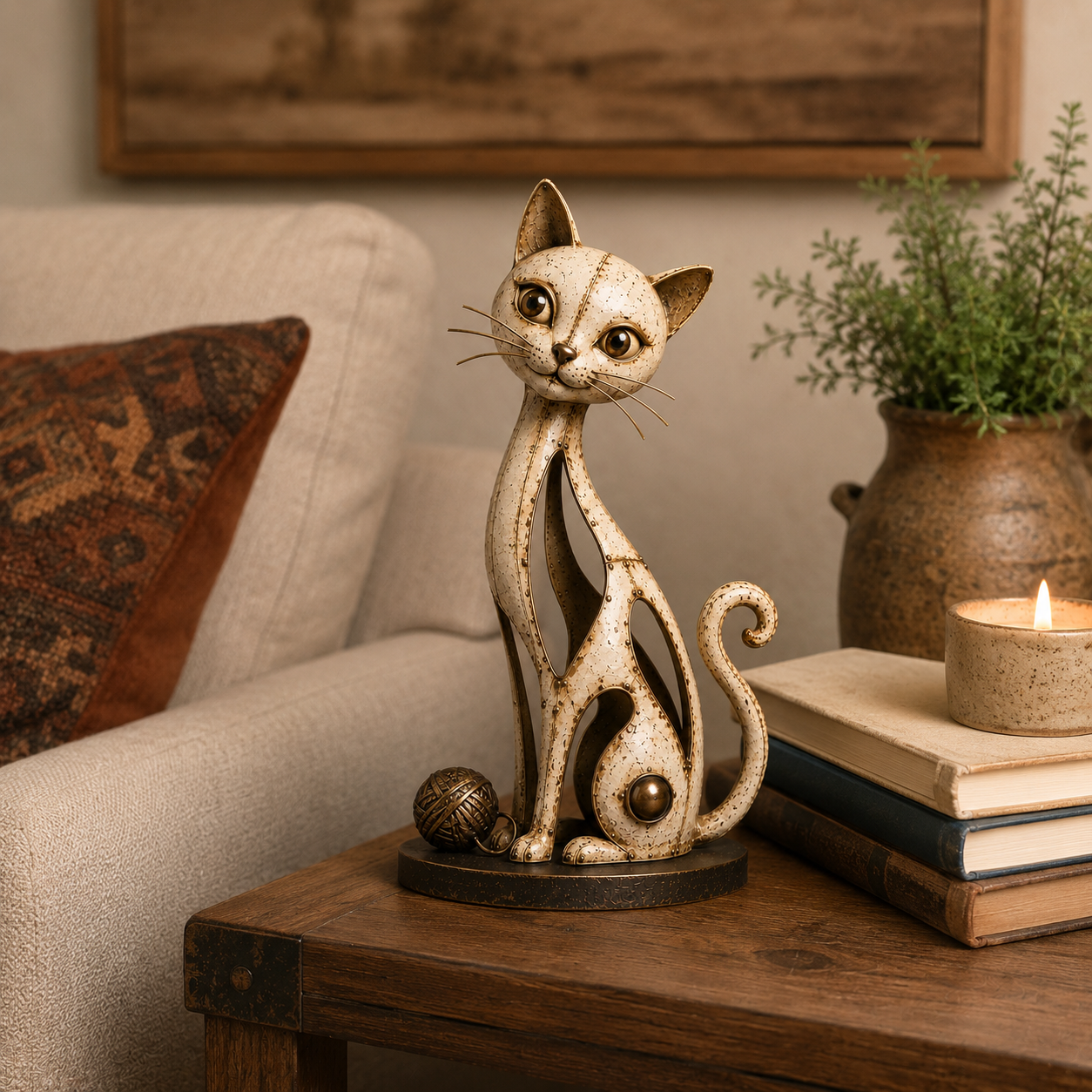 Vintage Hollow Metal Cat Figurine with Yarn Ball Accent