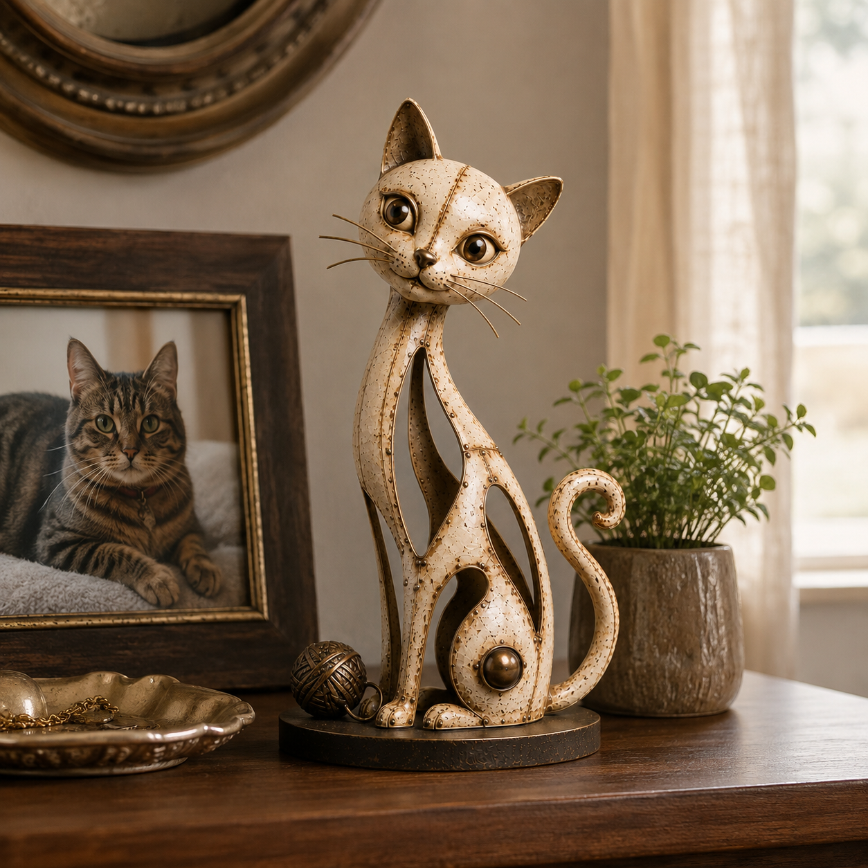 Vintage Hollow Metal Cat Figurine with Yarn Ball Accent