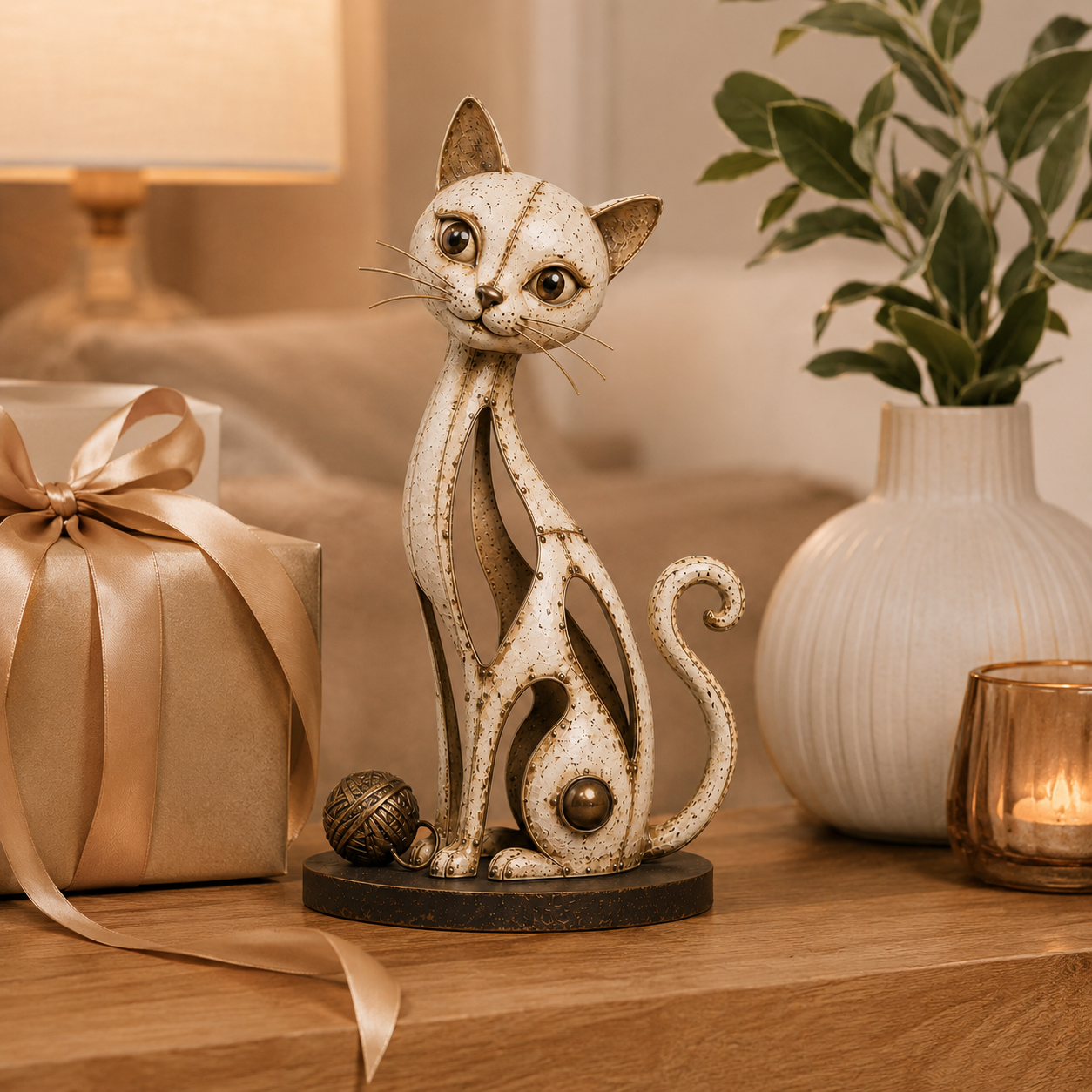 Vintage Hollow Metal Cat Figurine with Yarn Ball Accent