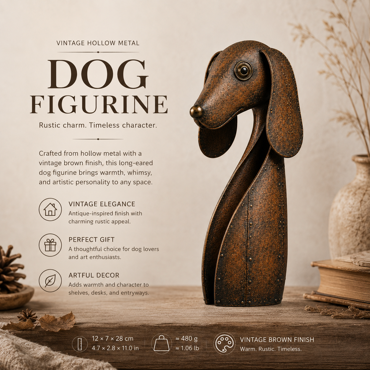 Vintage Brown Hollow Metal Dog Figurine.