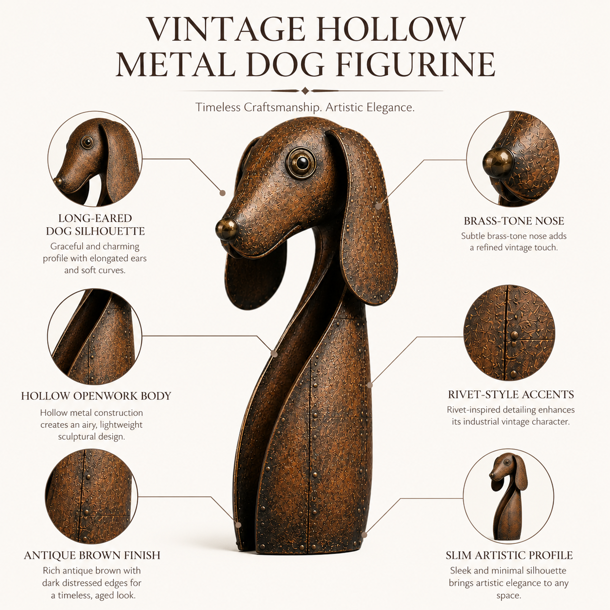 Vintage Brown Hollow Metal Dog Figurine.