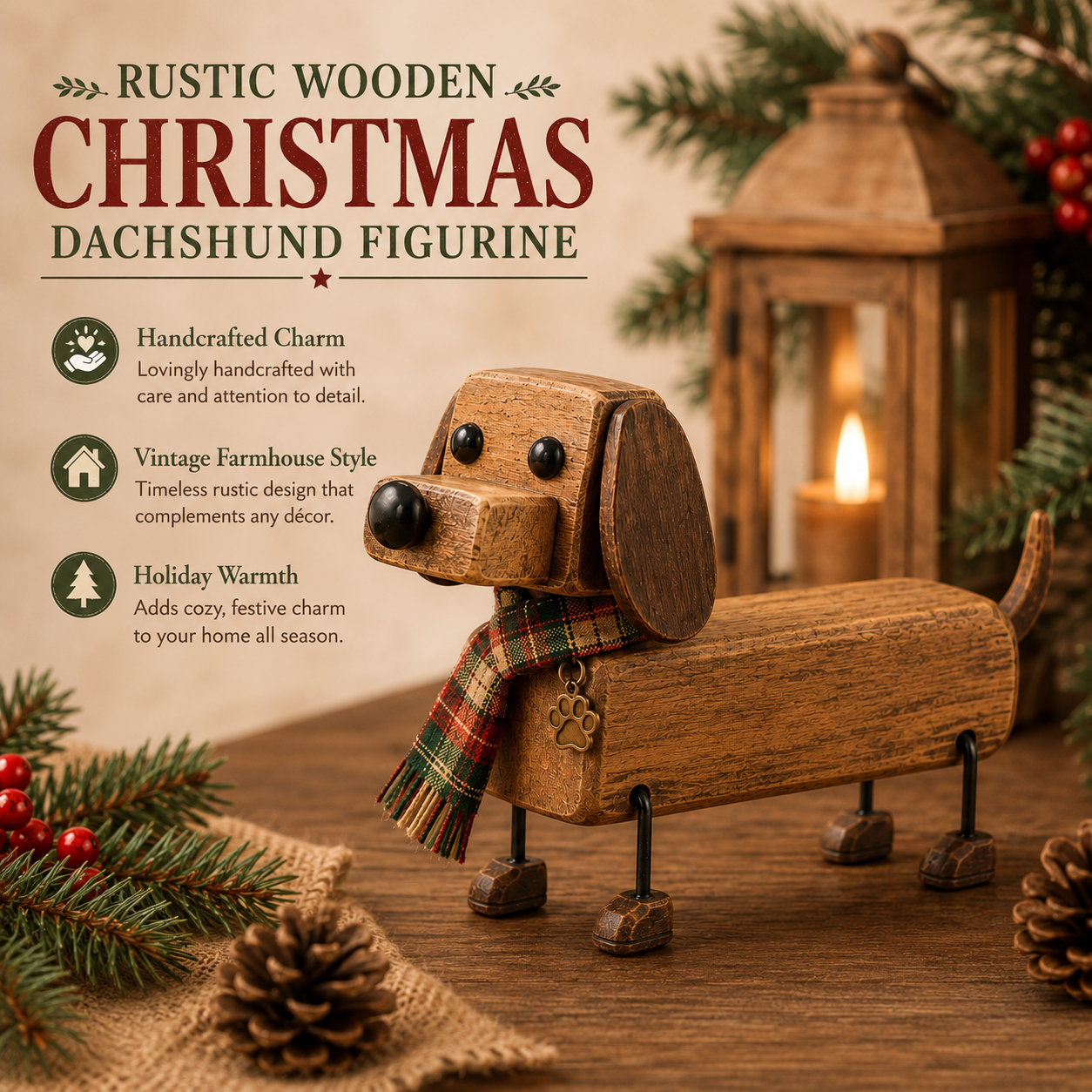 Rustic Wooden Christmas Dachshund Figurine