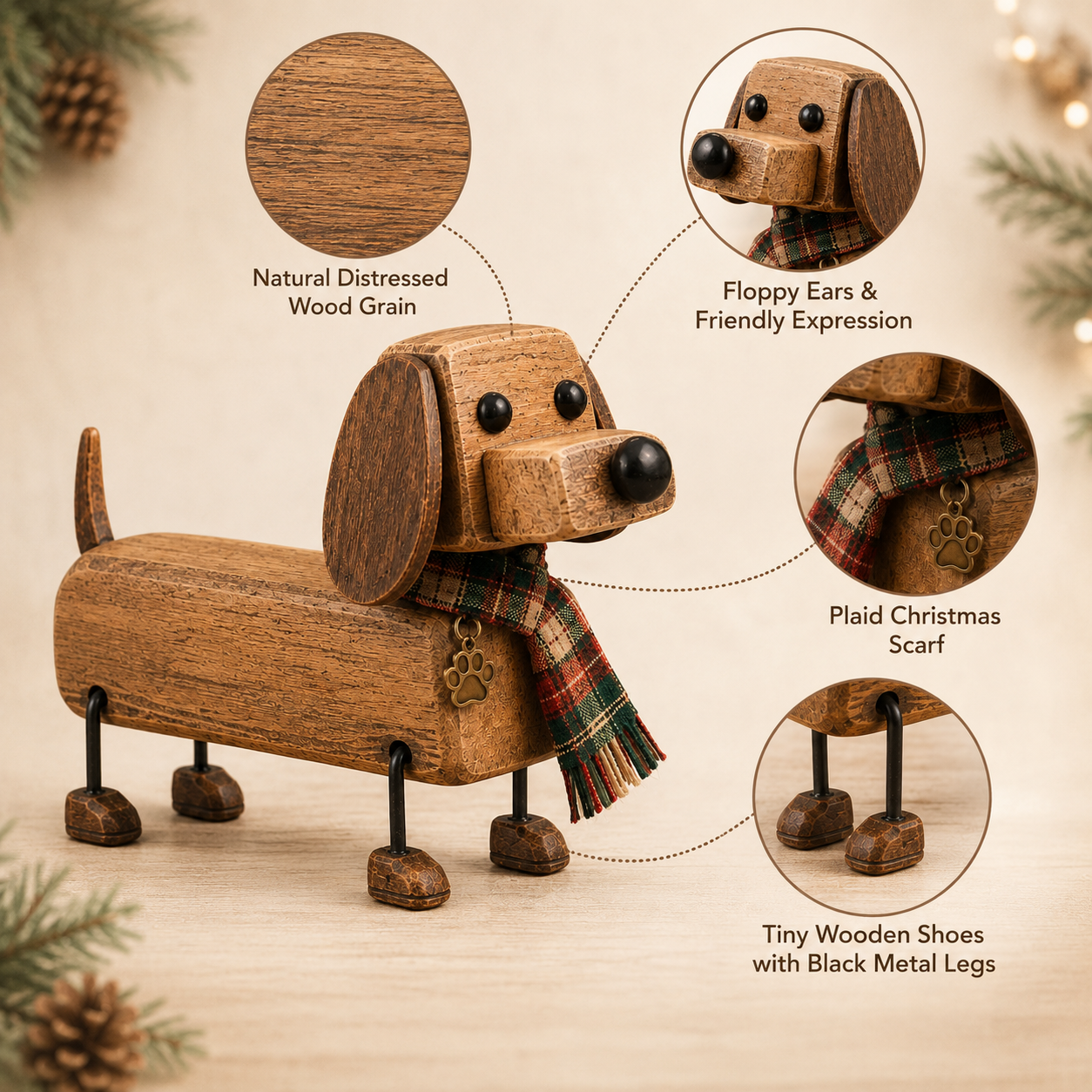 Rustic Wooden Christmas Dachshund Figurine