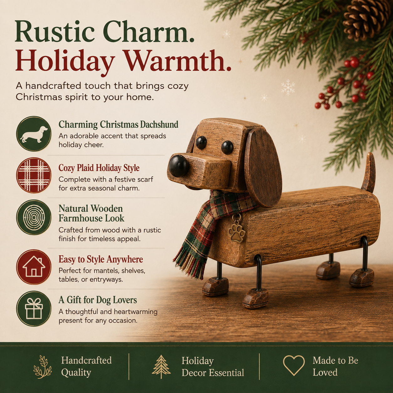 Rustic Wooden Christmas Dachshund Figurine