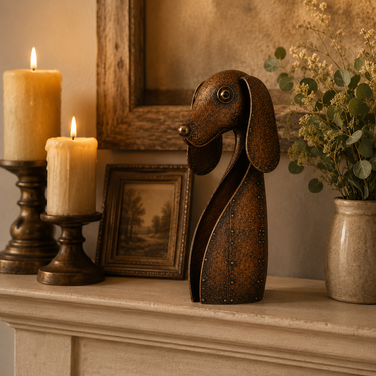 Vintage Brown Hollow Metal Dog Figurine.