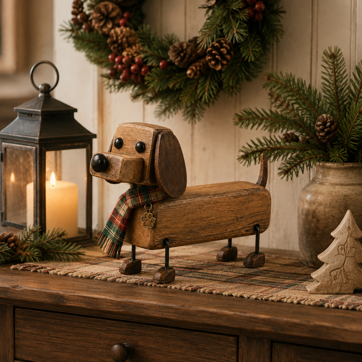 Rustic Wooden Christmas Dachshund Figurine