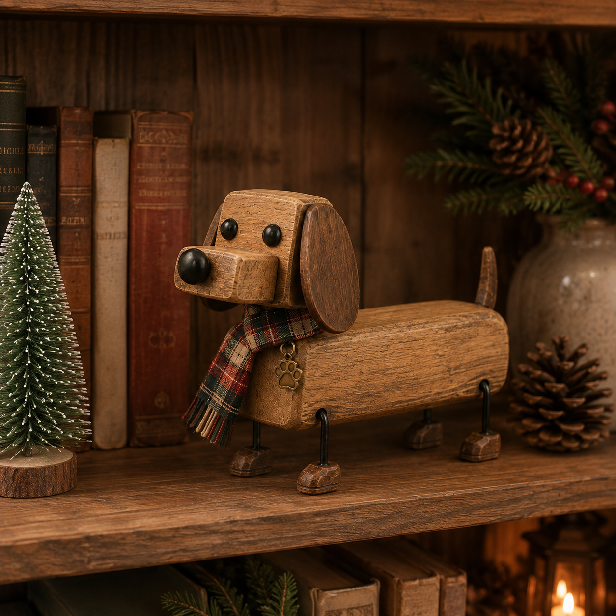 Rustic Wooden Christmas Dachshund Figurine