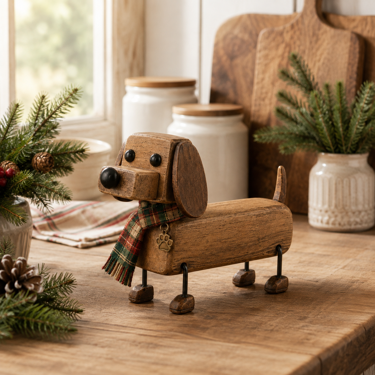 Rustic Wooden Christmas Dachshund Figurine
