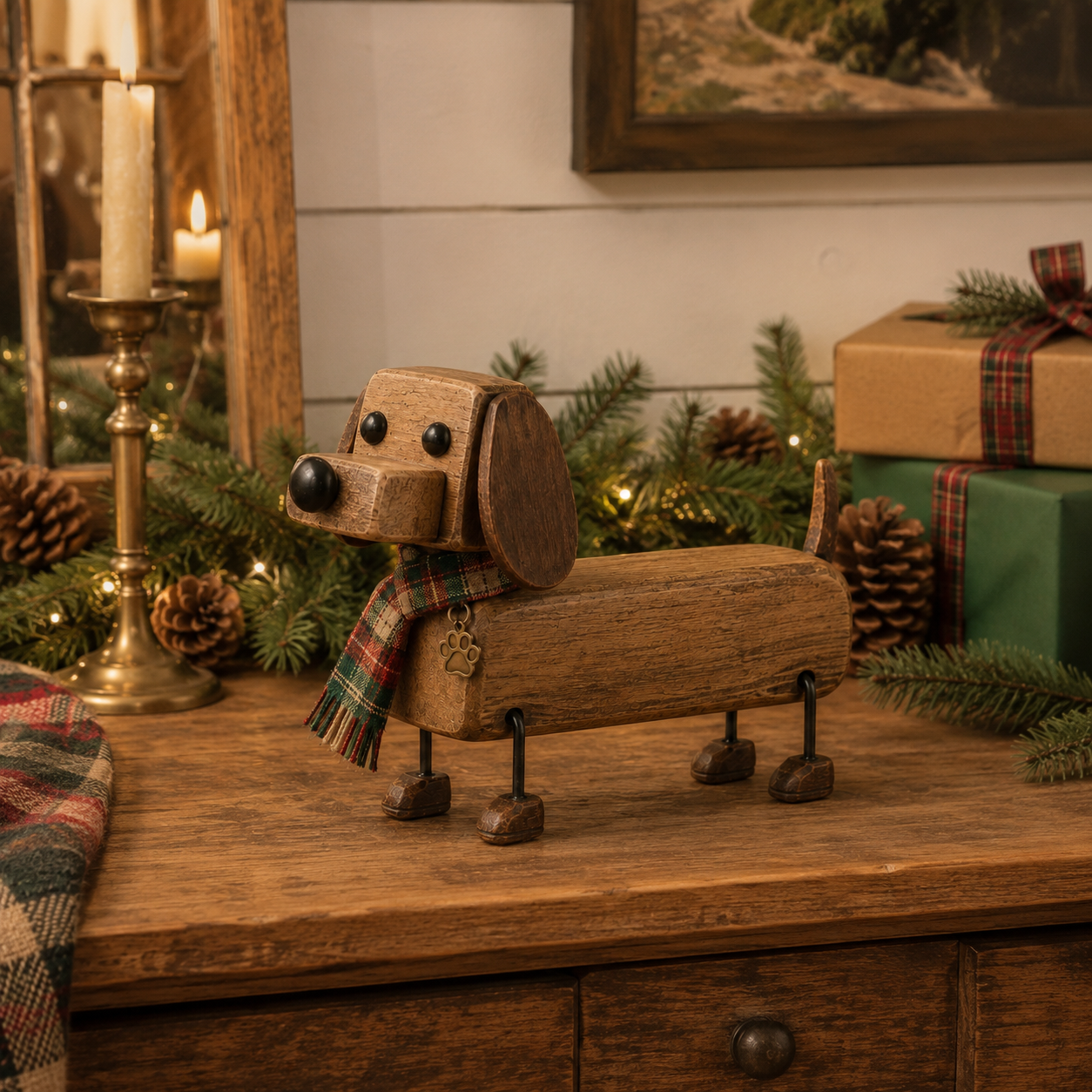 Rustic Wooden Christmas Dachshund Figurine