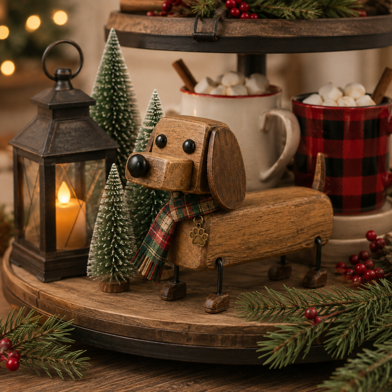 Rustic Wooden Christmas Dachshund Figurine