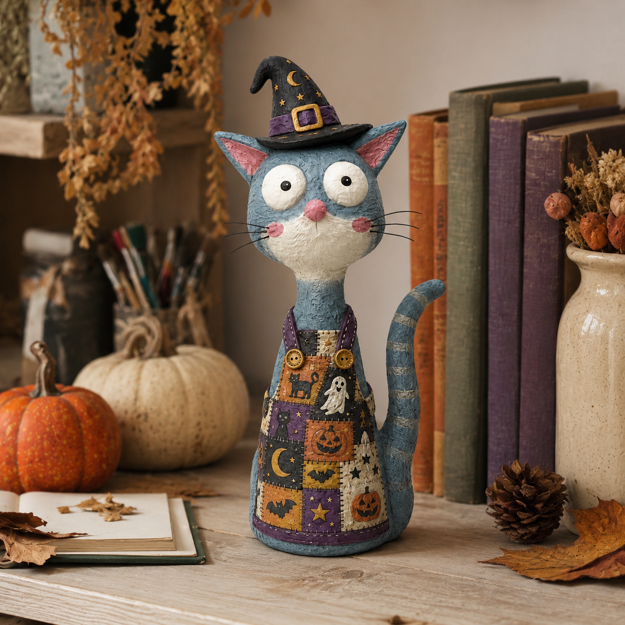  Whimsical Halloween Apron Cat Figurine 