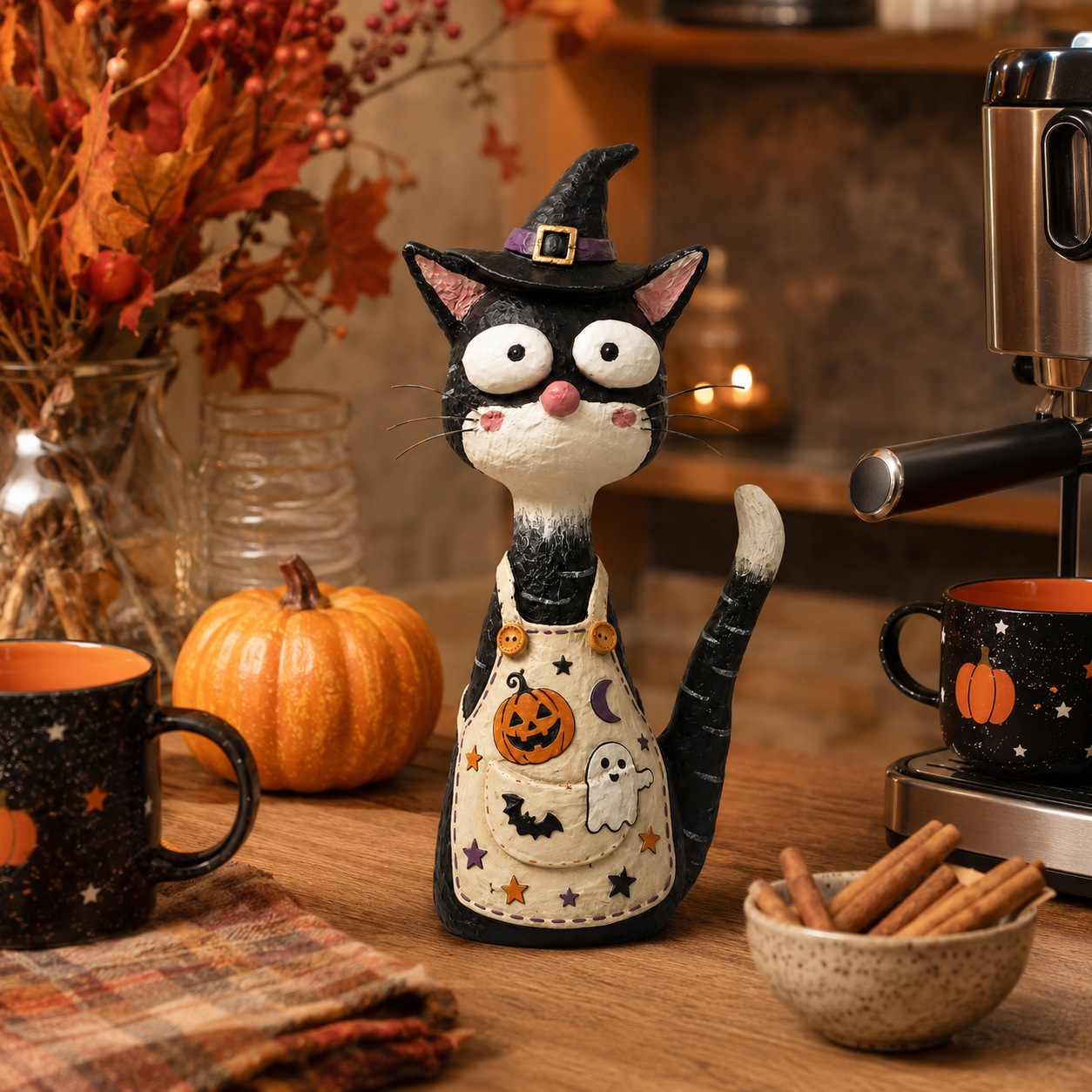  Whimsical Halloween Apron Cat Figurine 