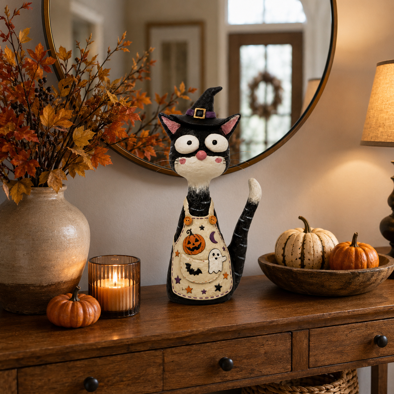  Whimsical Halloween Apron Cat Figurine 