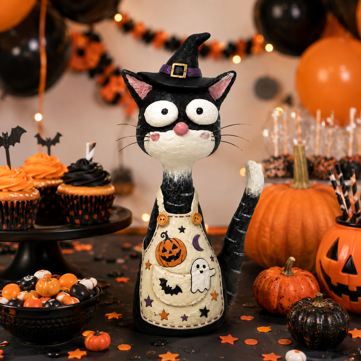  Whimsical Halloween Apron Cat Figurine 