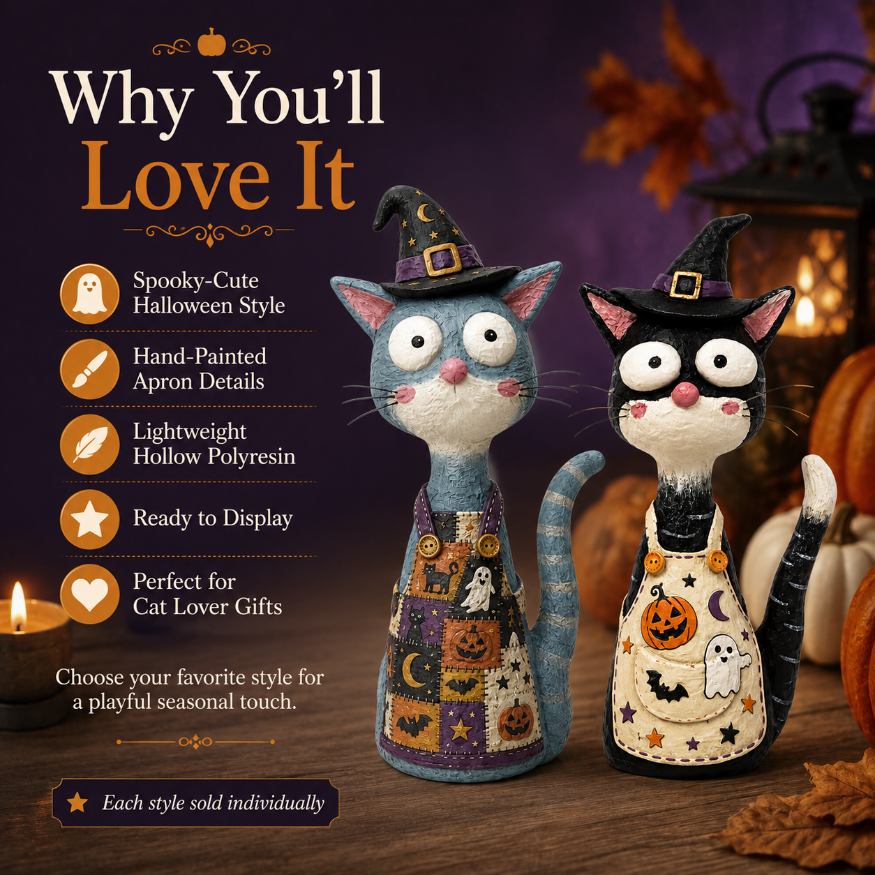  Whimsical Halloween Apron Cat Figurine 
