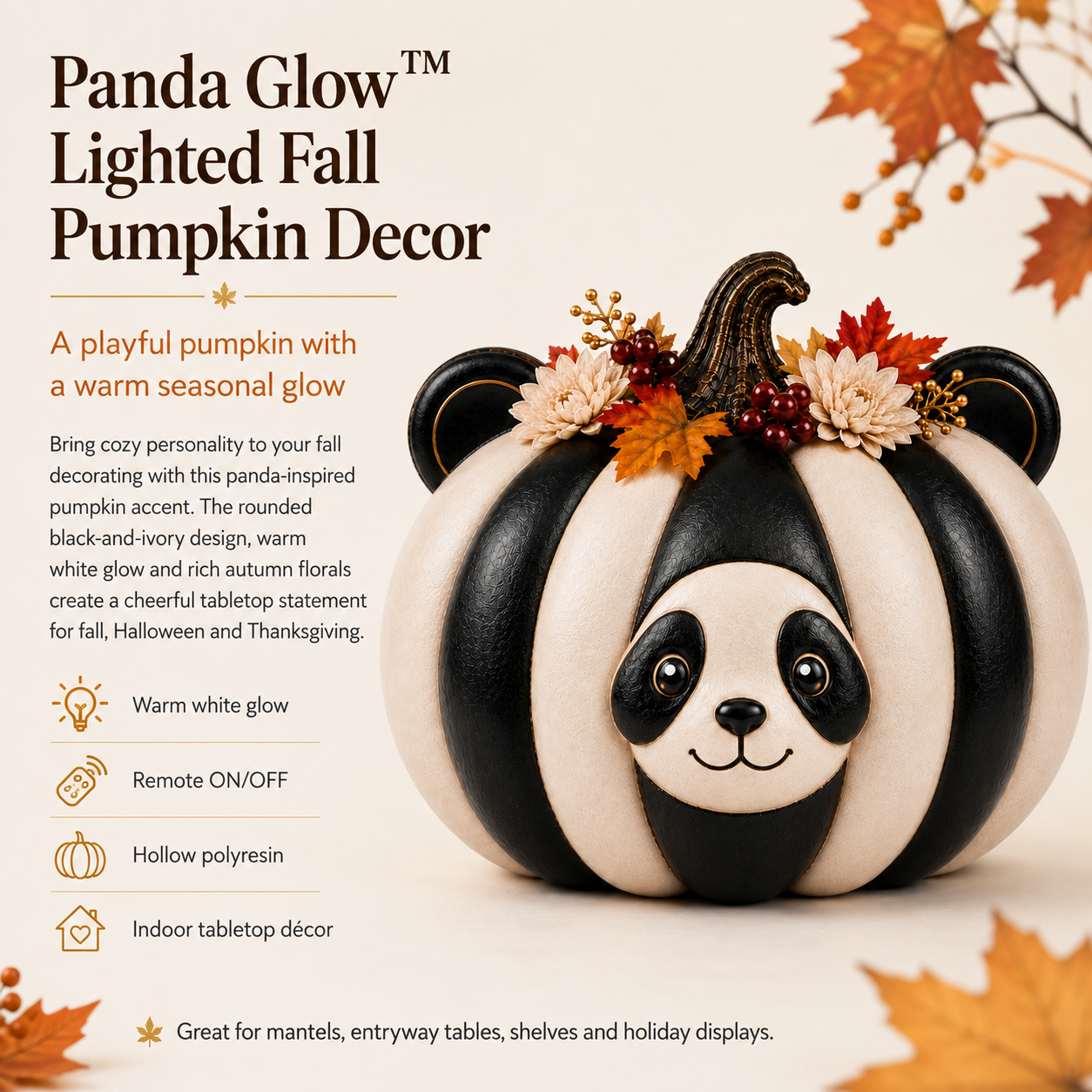 Lighted Panda Pumpkin Fall Decor, 8.7-Inch Black and Ivory Polyresin Pumpkin with Warm White Light