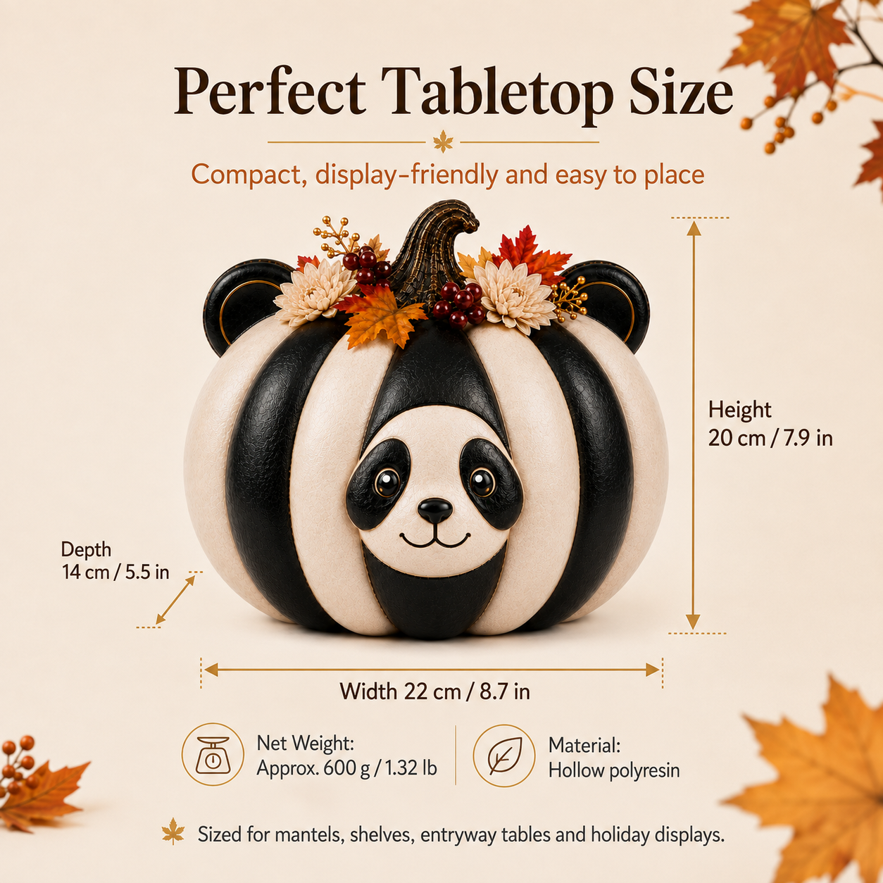 Lighted Panda Pumpkin Fall Decor, 8.7-Inch Black and Ivory Polyresin Pumpkin with Warm White Light