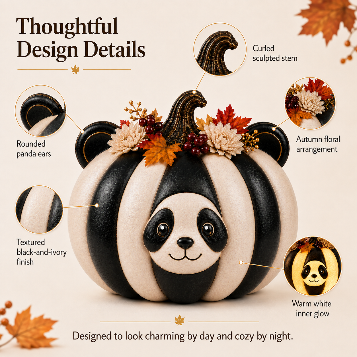 Lighted Panda Pumpkin Fall Decor, 8.7-Inch Black and Ivory Polyresin Pumpkin with Warm White Light