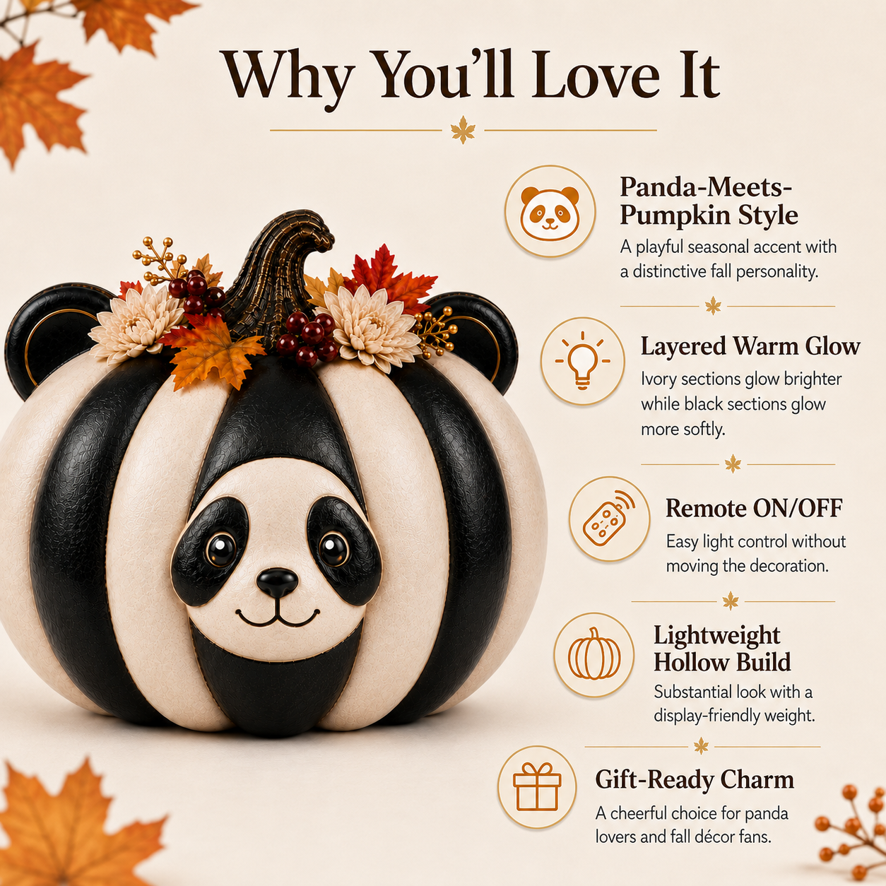 Lighted Panda Pumpkin Fall Decor, 8.7-Inch Black and Ivory Polyresin Pumpkin with Warm White Light