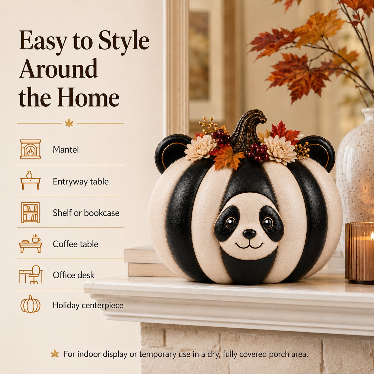 Lighted Panda Pumpkin Fall Decor, 8.7-Inch Black and Ivory Polyresin Pumpkin with Warm White Light