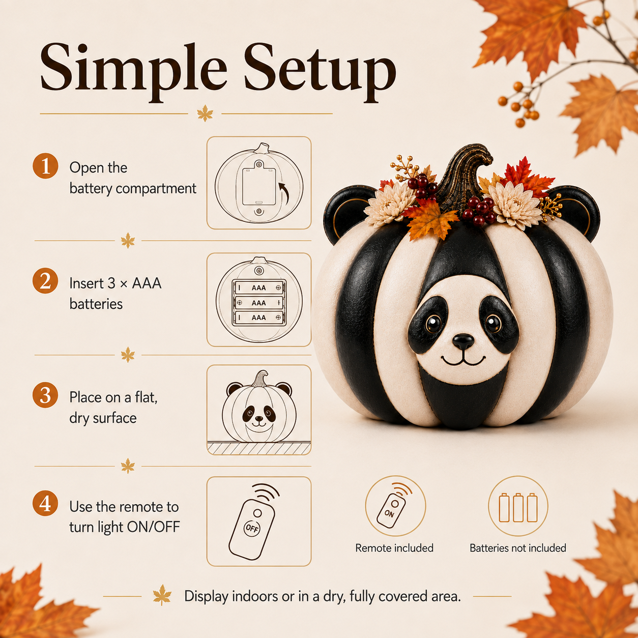 Lighted Panda Pumpkin Fall Decor, 8.7-Inch Black and Ivory Polyresin Pumpkin with Warm White Light