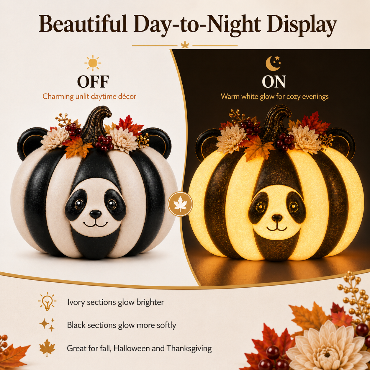 Lighted Panda Pumpkin Fall Decor, 8.7-Inch Black and Ivory Polyresin Pumpkin with Warm White Light