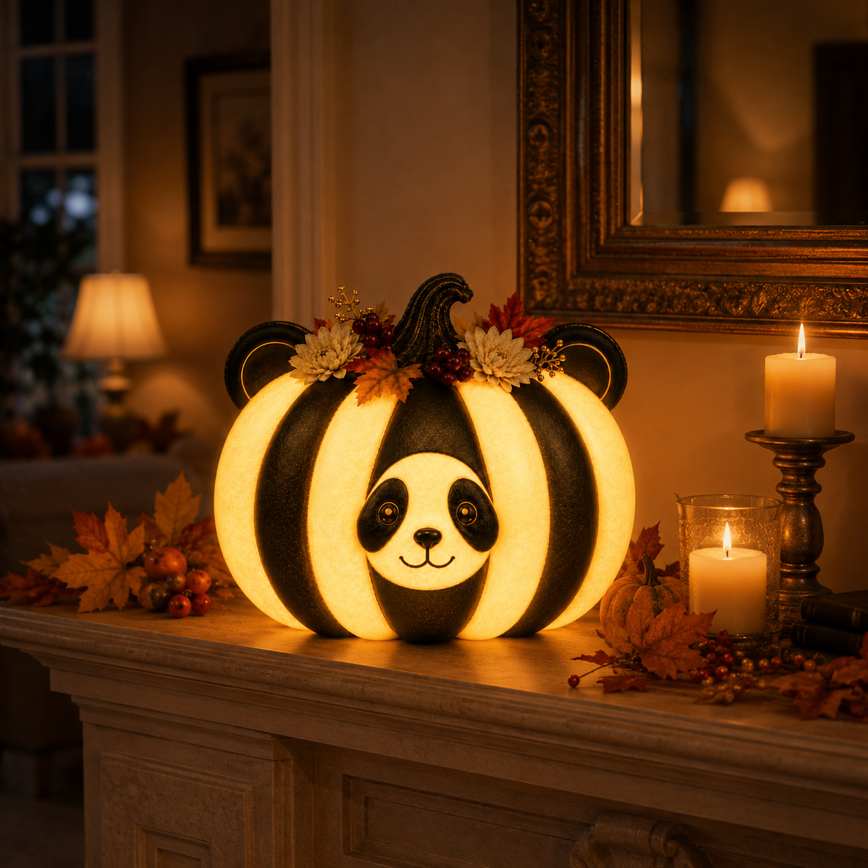 Lighted Panda Pumpkin Fall Decor, 8.7-Inch Black and Ivory Polyresin Pumpkin with Warm White Light
