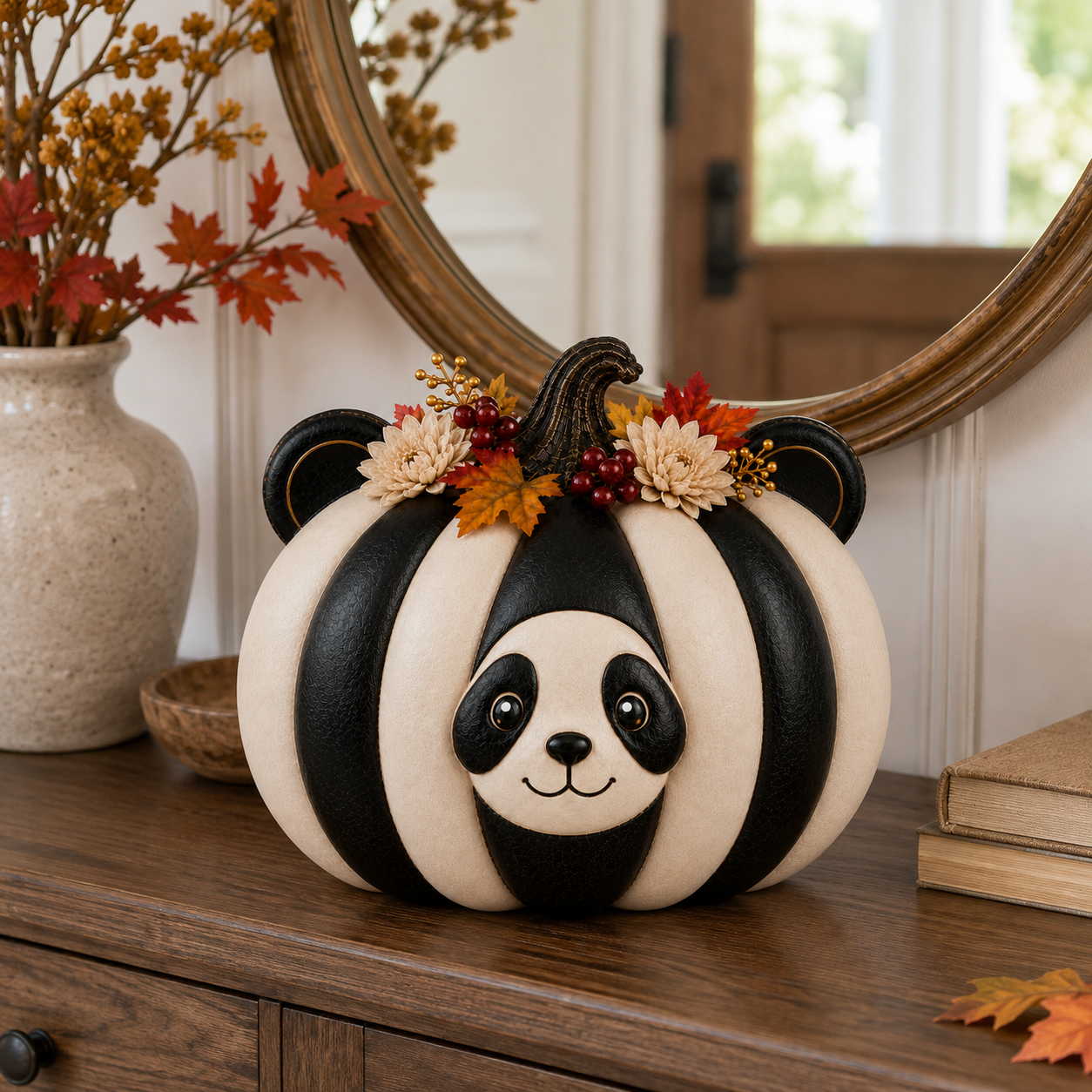Lighted Panda Pumpkin Fall Decor, 8.7-Inch Black and Ivory Polyresin Pumpkin with Warm White Light