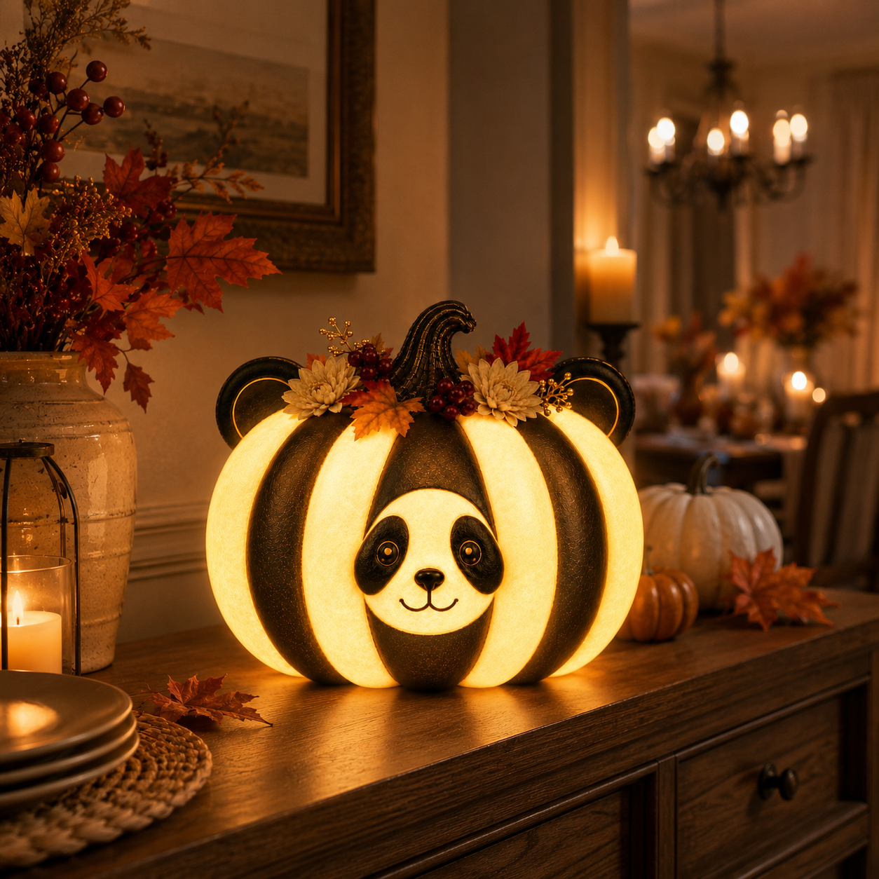 Lighted Panda Pumpkin Fall Decor, 8.7-Inch Black and Ivory Polyresin Pumpkin with Warm White Light