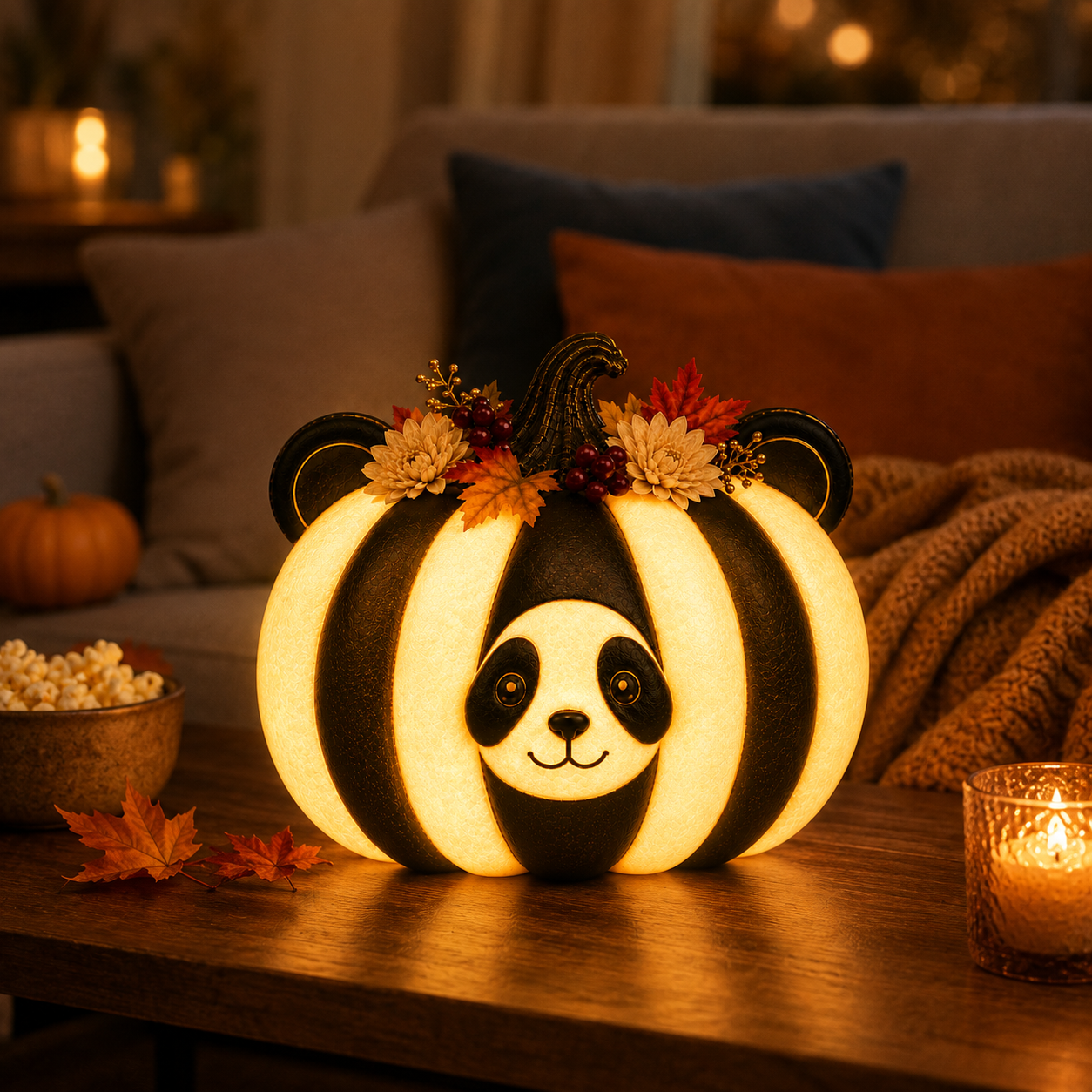 Lighted Panda Pumpkin Fall Decor, 8.7-Inch Black and Ivory Polyresin Pumpkin with Warm White Light