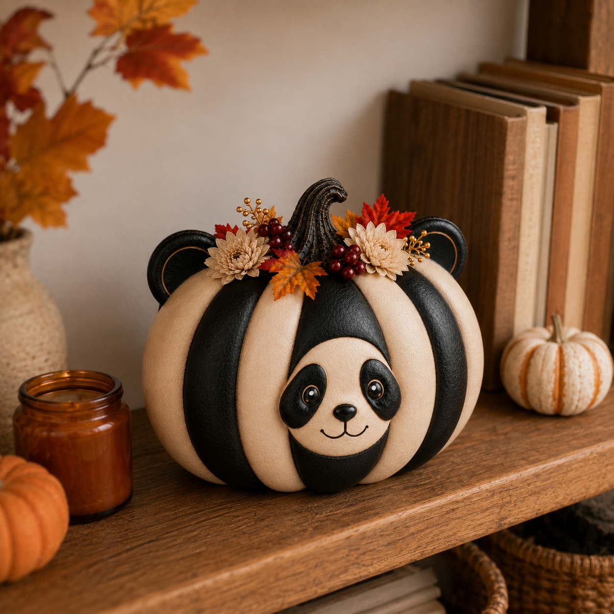 Lighted Panda Pumpkin Fall Decor, 8.7-Inch Black and Ivory Polyresin Pumpkin with Warm White Light