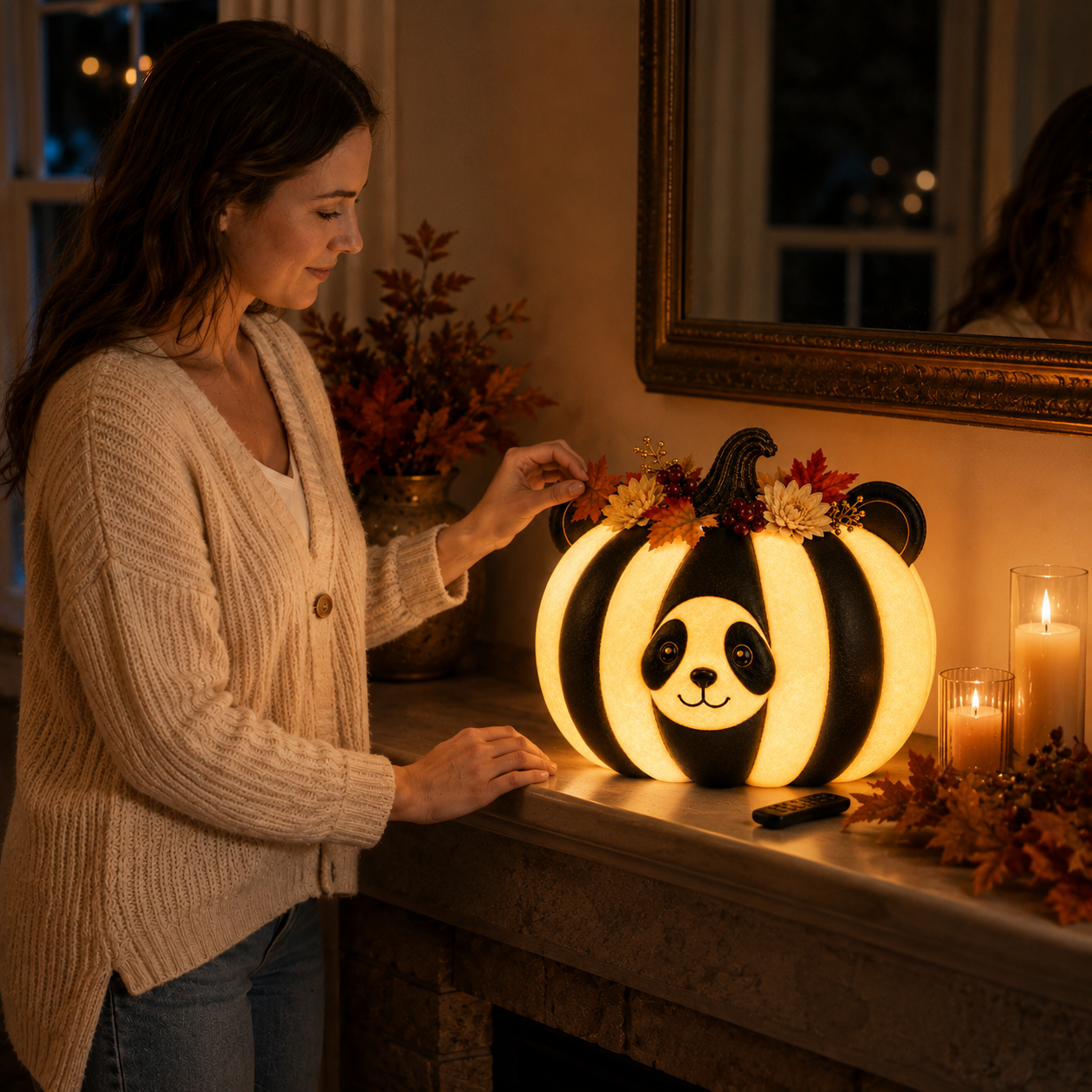 Lighted Panda Pumpkin Fall Decor, 8.7-Inch Black and Ivory Polyresin Pumpkin with Warm White Light