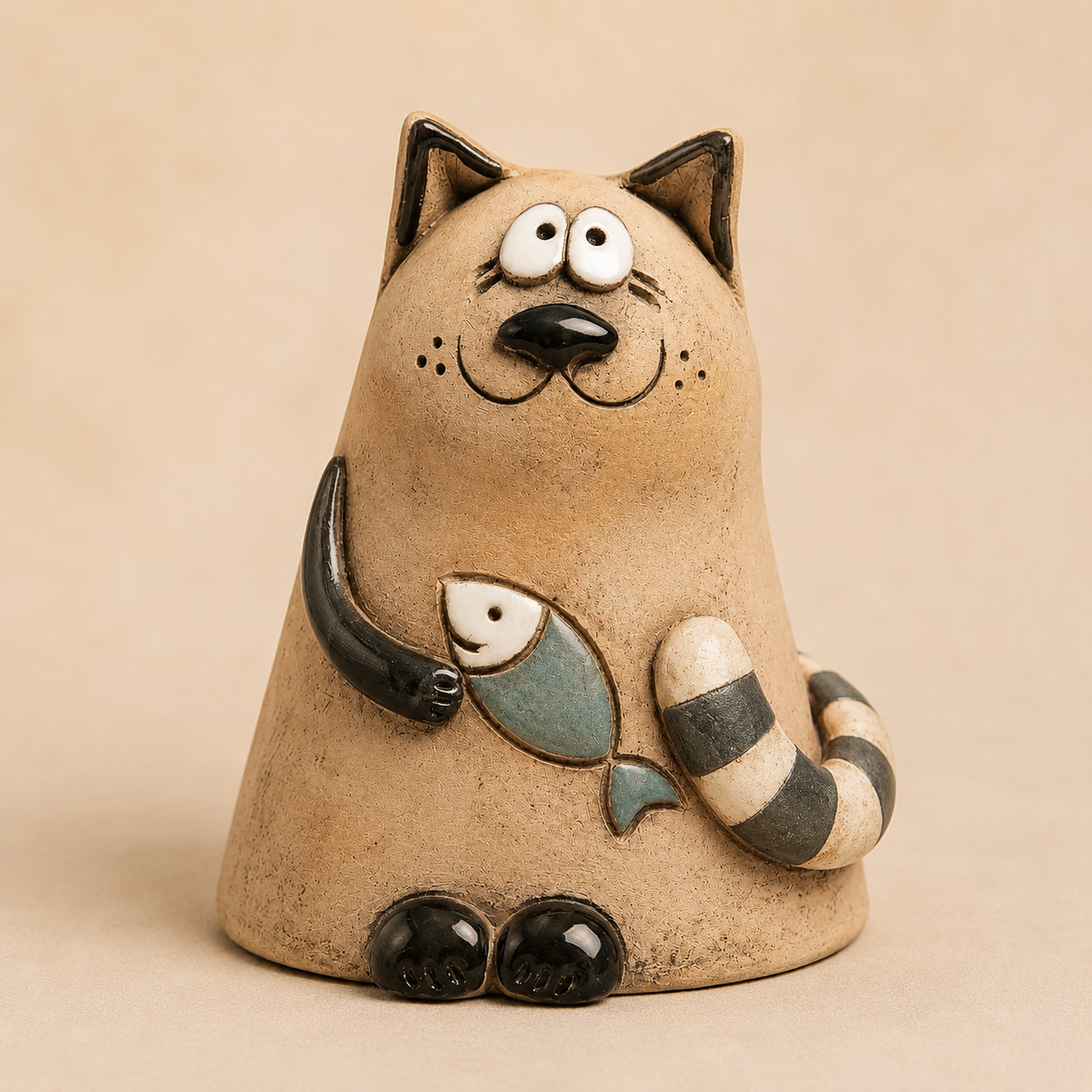 Whimsical Cat Figurine with Fish, Handmade-Look Hollow Resin Cat Sculpture