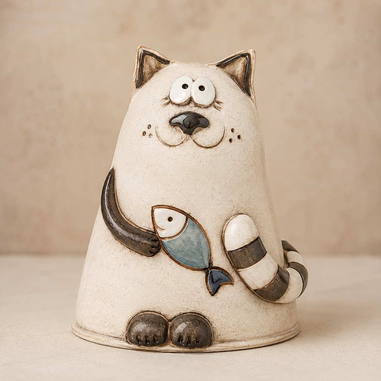 Whimsical Cat Figurine with Fish, Handmade-Look Hollow Resin Cat Sculpture