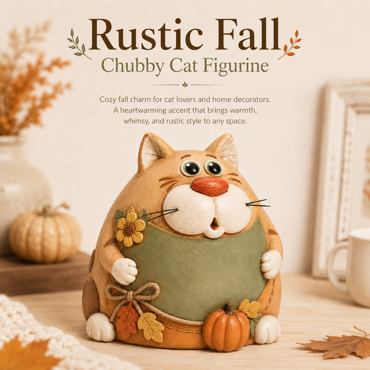 Rustic Fall Chubby Cat Figurine