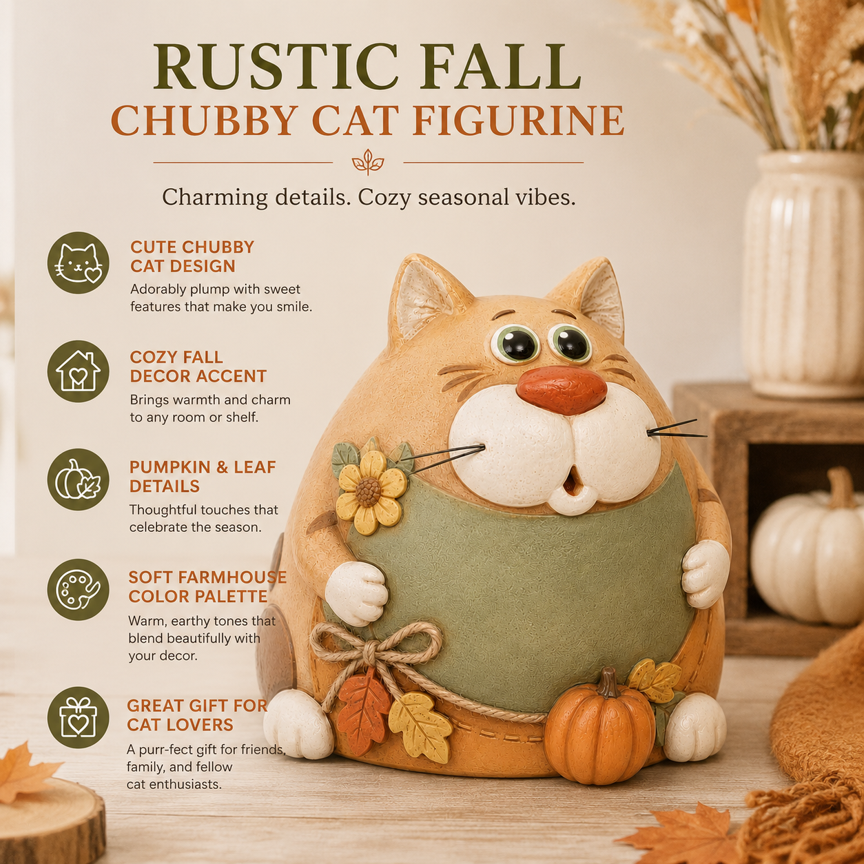 Rustic Fall Chubby Cat Figurine