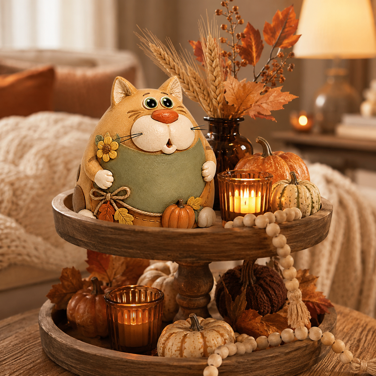 Rustic Fall Chubby Cat Figurine