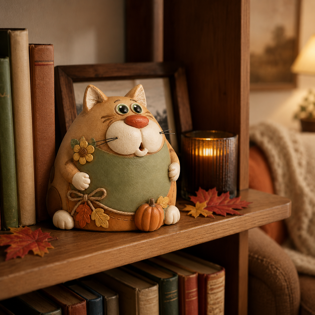 Rustic Fall Chubby Cat Figurine