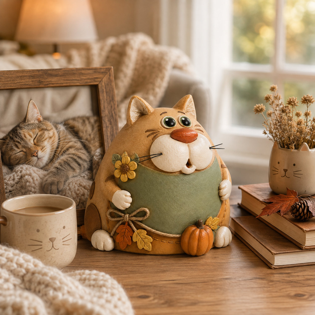 Rustic Fall Chubby Cat Figurine