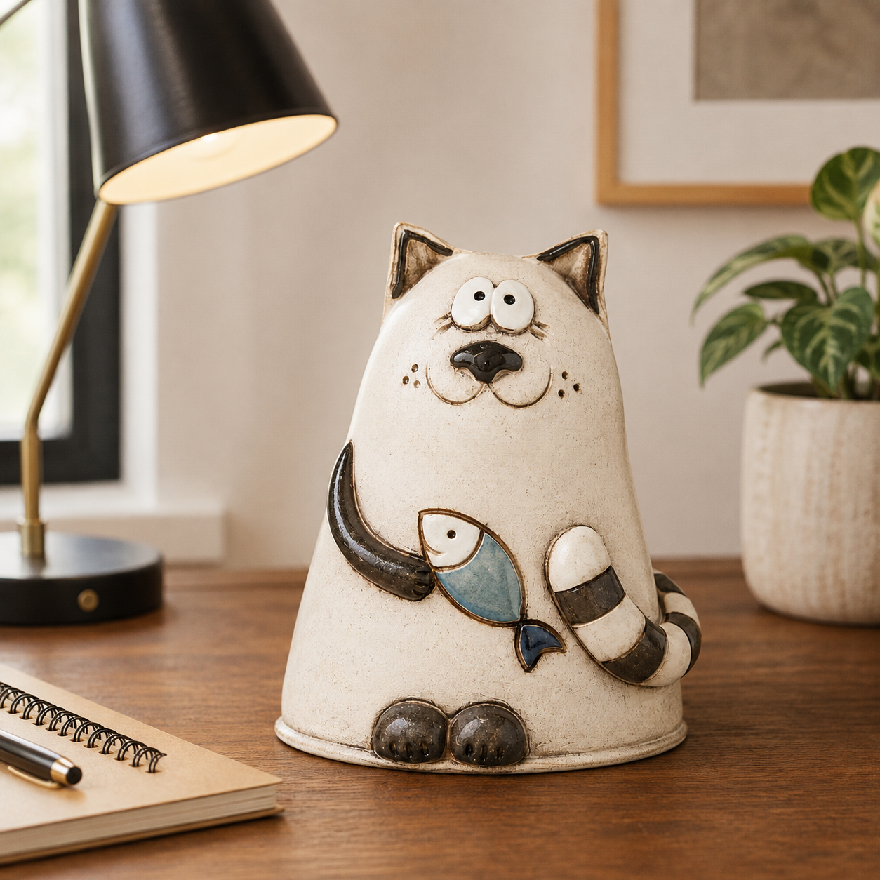 Whimsical Cat Figurine with Fish, Handmade-Look Hollow Resin Cat Sculpture