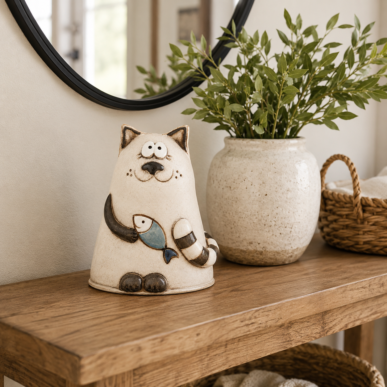 Whimsical Cat Figurine with Fish, Handmade-Look Hollow Resin Cat Sculpture