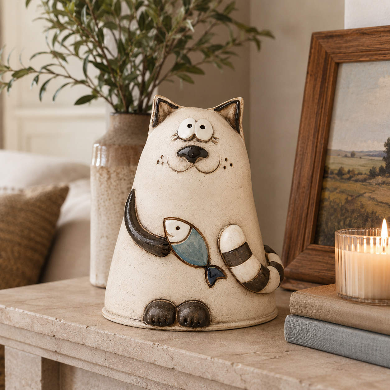 Whimsical Cat Figurine with Fish, Handmade-Look Hollow Resin Cat Sculpture
