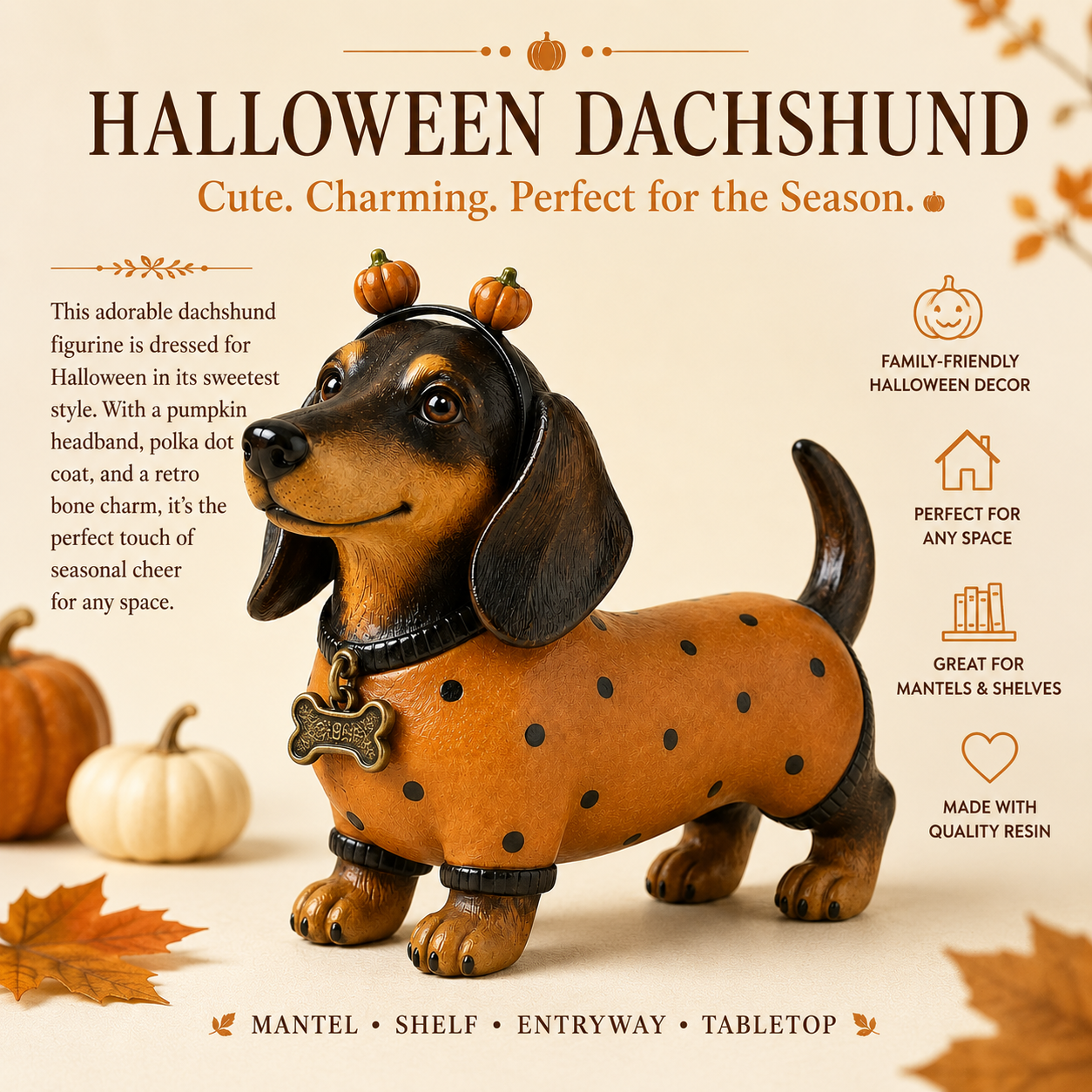 Cute Halloween Dachshund Pumpkin Resin Figurine