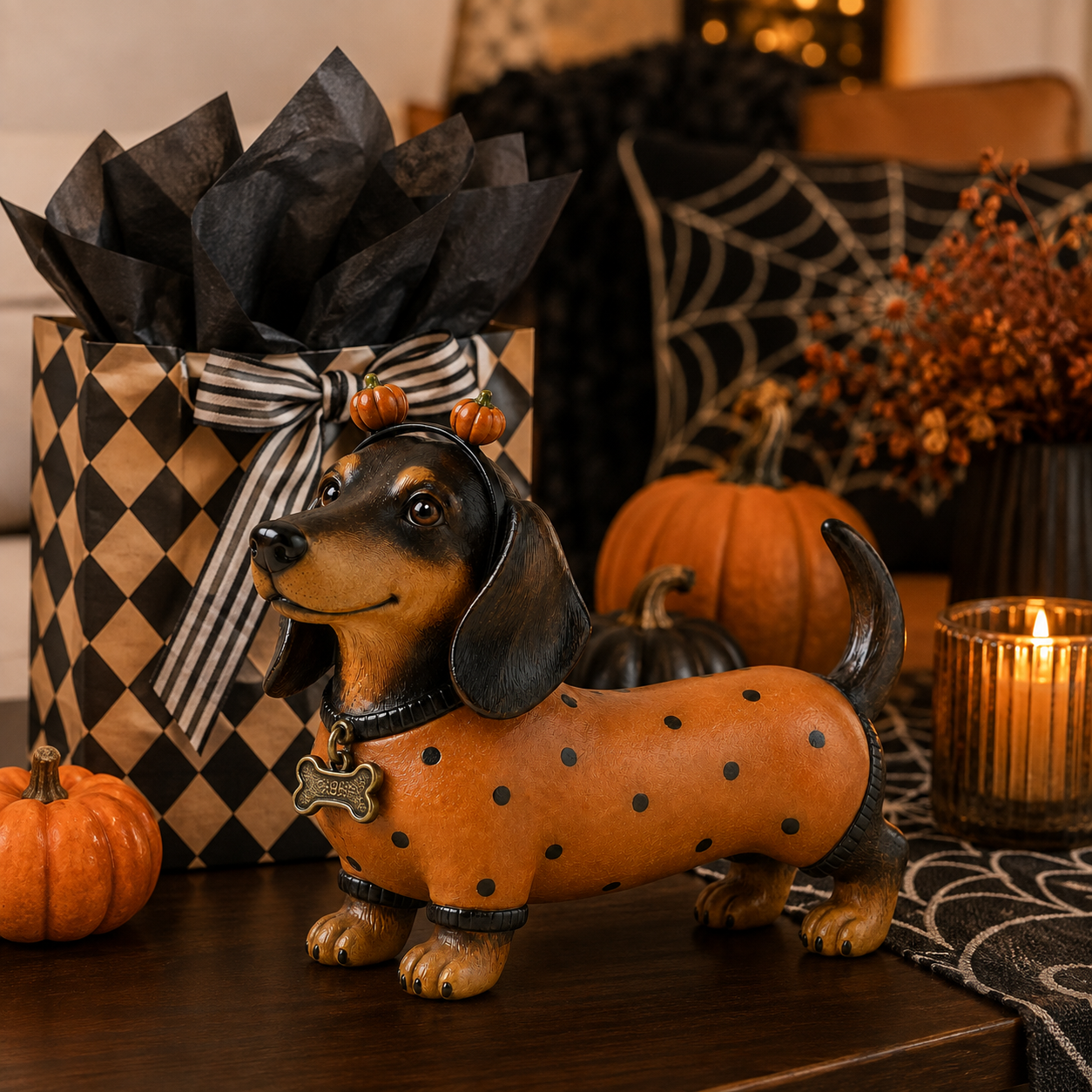 Cute Halloween Dachshund Pumpkin Resin Figurine