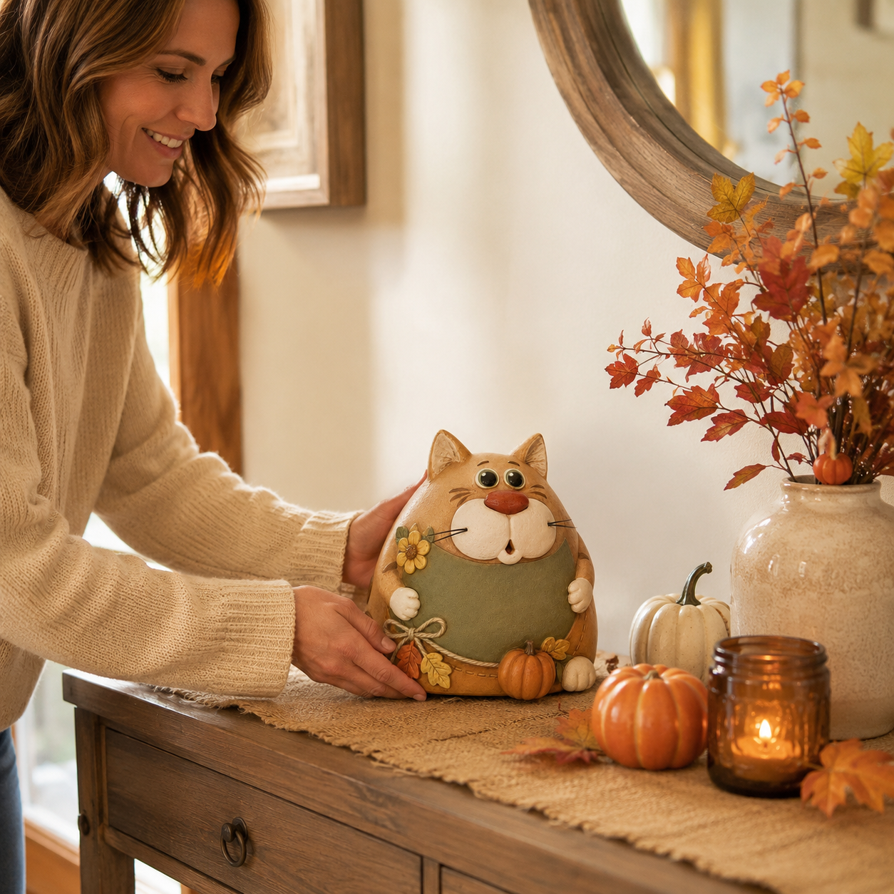 Rustic Fall Chubby Cat Figurine