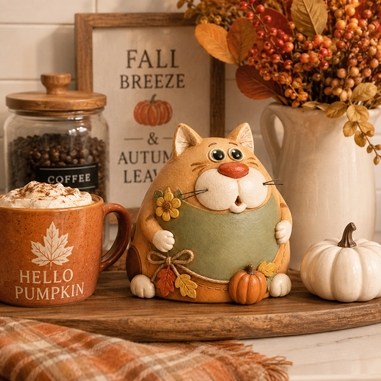 Rustic Fall Chubby Cat Figurine