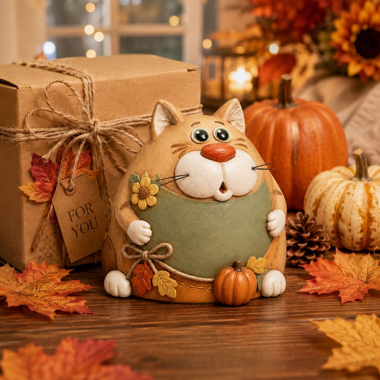 Rustic Fall Chubby Cat Figurine
