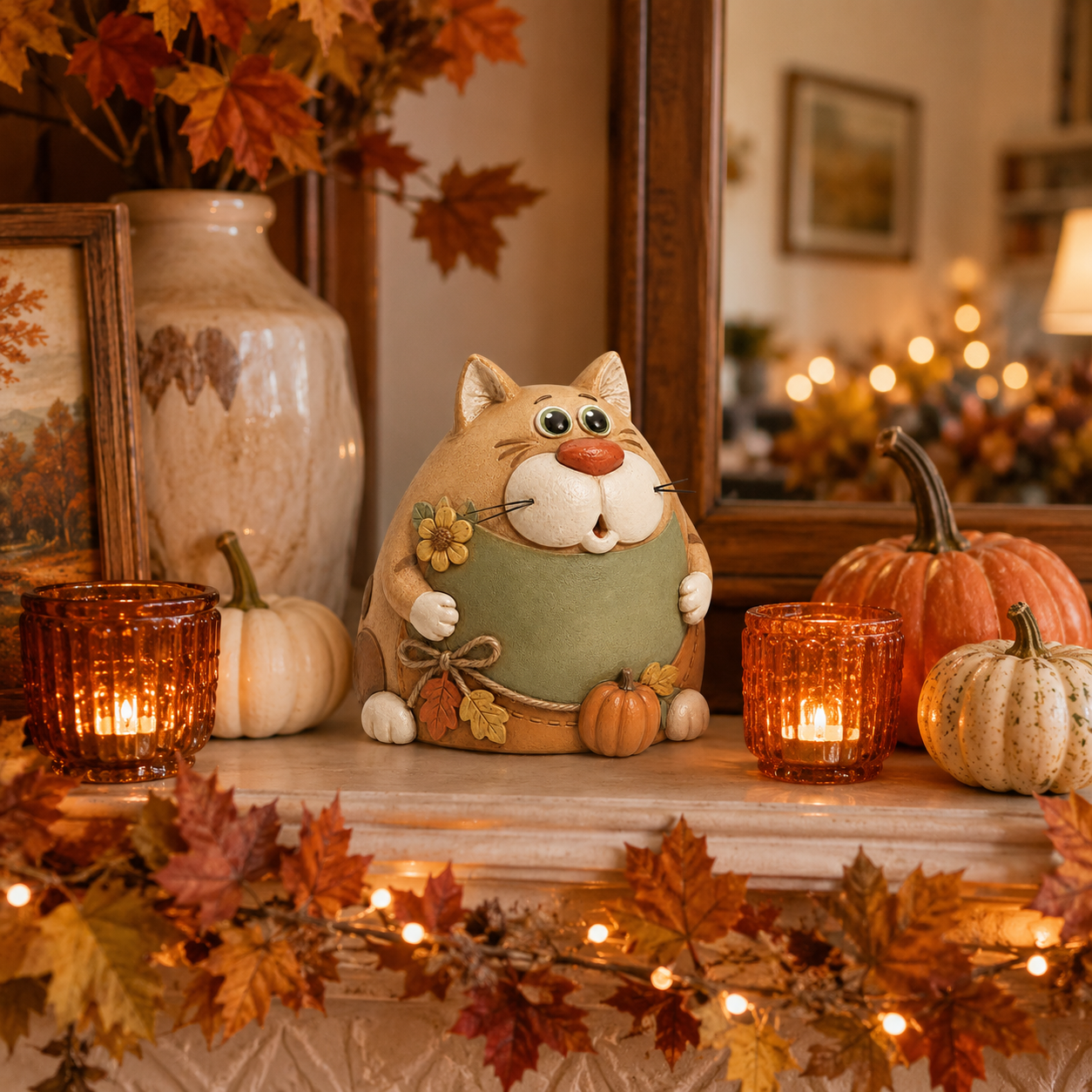 Rustic Fall Chubby Cat Figurine