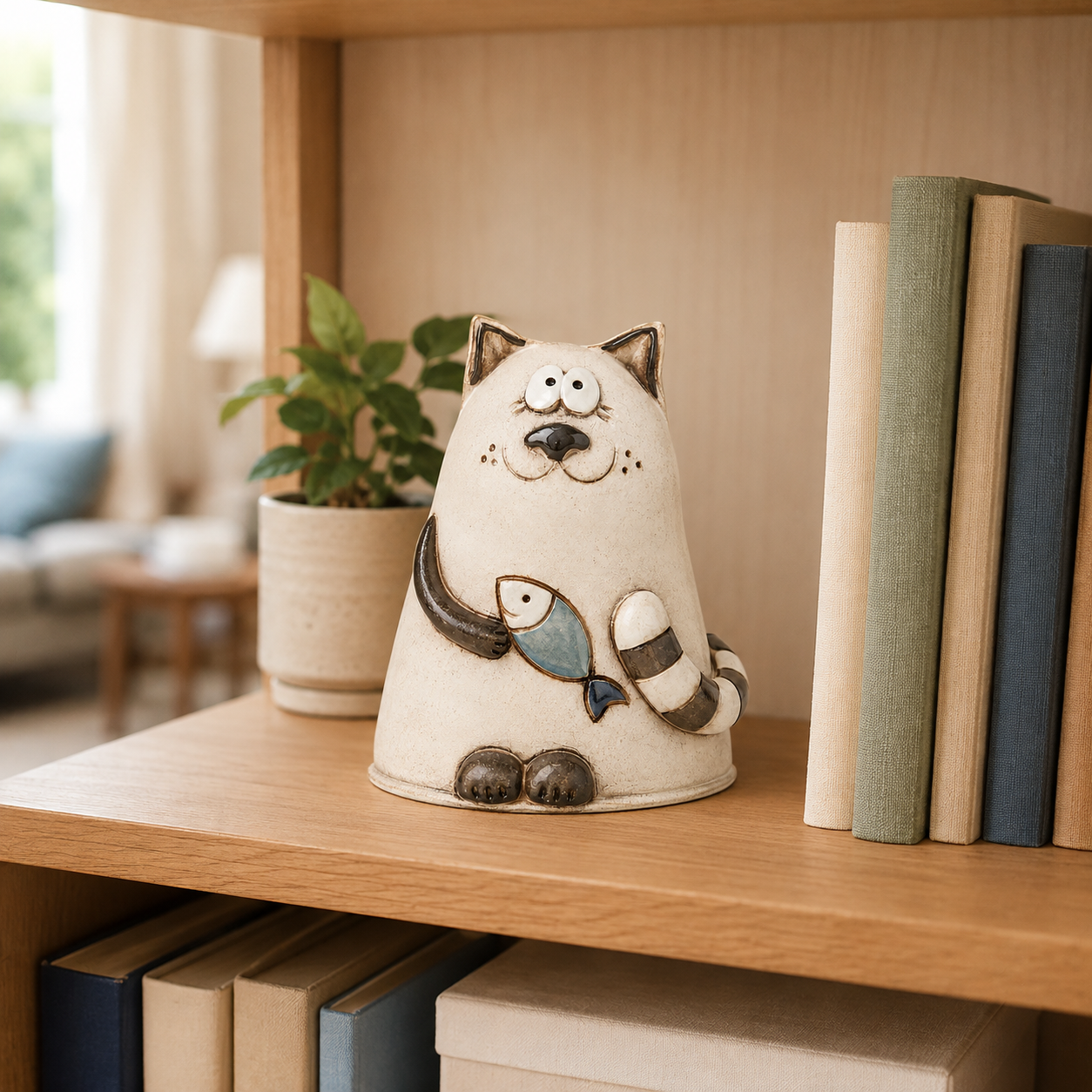 Whimsical Cat Figurine with Fish, Handmade-Look Hollow Resin Cat Sculpture